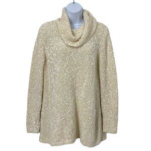 CHICOS Womens Soft Metallic Ivory Oversized Cowl Neck Sweater SZ Large (2) EUC